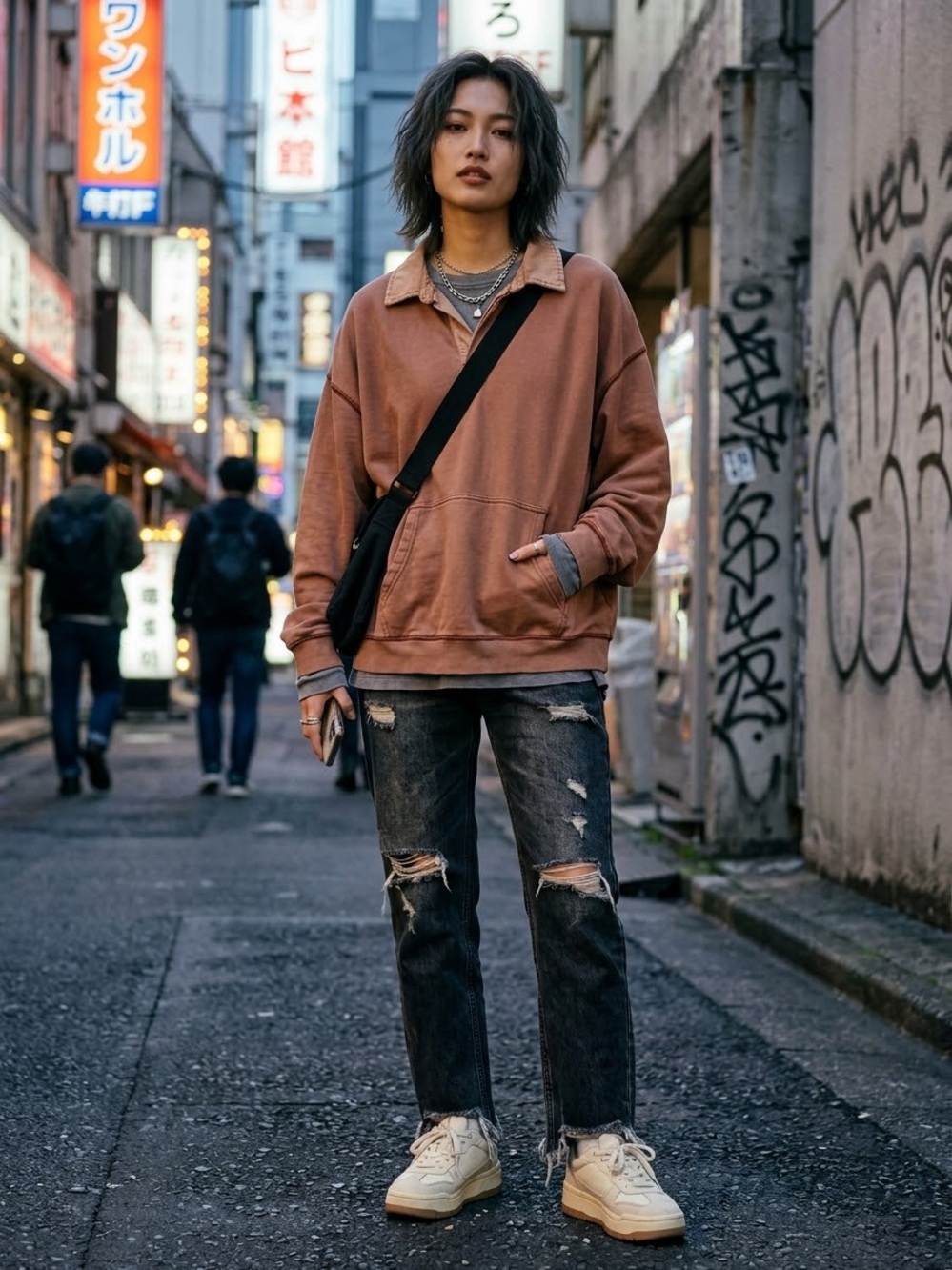 BDG (FLAW) oversized Rust Brown Polo-Style Crewneck Sweatshirt pocket large